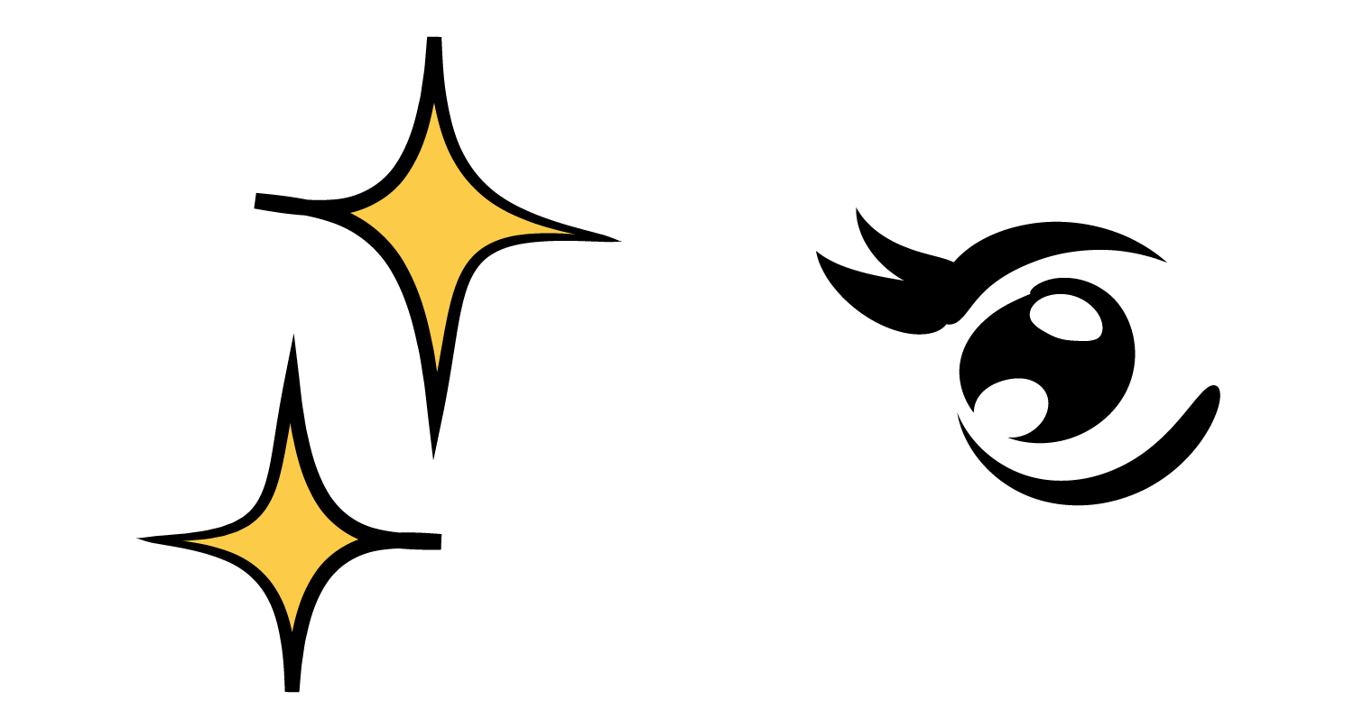 un dessin de l'œil de Gegi, avec deux étoiles jaunes scintillantes à sa gauche