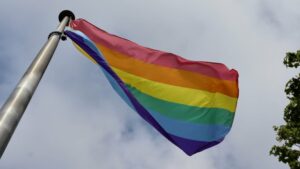 Pride flag flying on a flag pole.